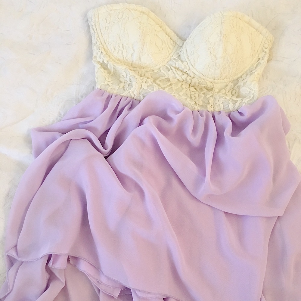 💜Lavender & cream S lace chiffon high low dress💜